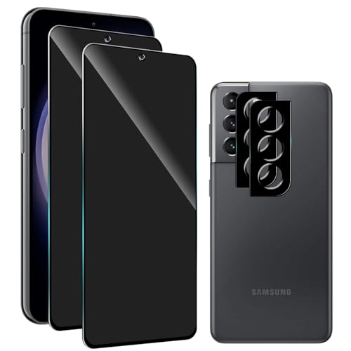 BIGFLYANTS 2 Pack Privacy Screen Protector for Samsung Galaxy S21 with 2 Camera Lens Protector Anti-Spy Tempered Glass Film Full Coverage Anti-Scratch Bubble Free Easy Installation