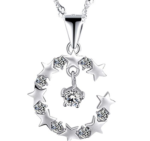 Wiftly Colar curto para mulher com lua e estrelas, zircónio, pingente de prata 925, corrente de clavícula + pingente, zircônia cúbica