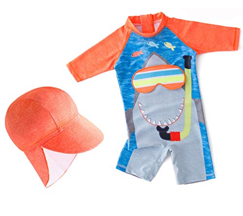 BAOPTEIL Baby/Toddler Boys Swimsuit One Piece Kids Zipper Bathing Suit Swimwear with Sun Hat Rash Guard Surfing Suit UPF 50+ (3D Shark, 3-4Years(Height:39.4