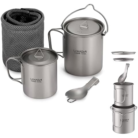 Lixada Camping Titanium Pot,750ml Titanium Pot with 450ml Water Cup Mug Folding Spork Camping Cookware Set for Outdoor Camping Hiking Backpacking Cover
