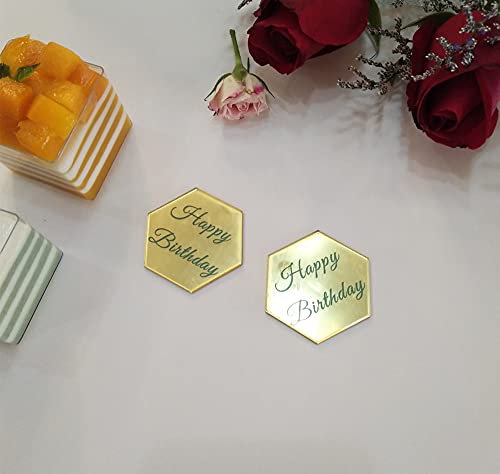 Set Of 12Pcs Hexagon Cake Topper Disc, Happy Birthday Mirror Acrylic Cake Discs, Topper Decor For Cupcake,Mini Acrylic Cake Toppers (Gold Mirror) #TOP2