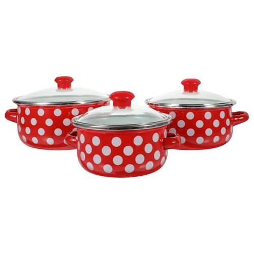 DONFAMDS Olla Esmaltada Pequeña con Doble Asa Juego de 3 Piezas 12-14-16 CM Sartén Antiadherente para Sopa y Cocina Doméstica Color Rojo con Puntos Blancos Adecuado para Hogar