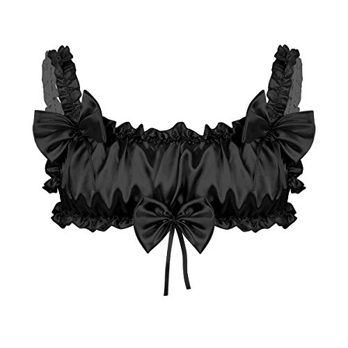 YiZYiF Adult Men's Shiny Satin Frilly Bralette Sissy Training Bra Crop Tops Lingerie Black Medium