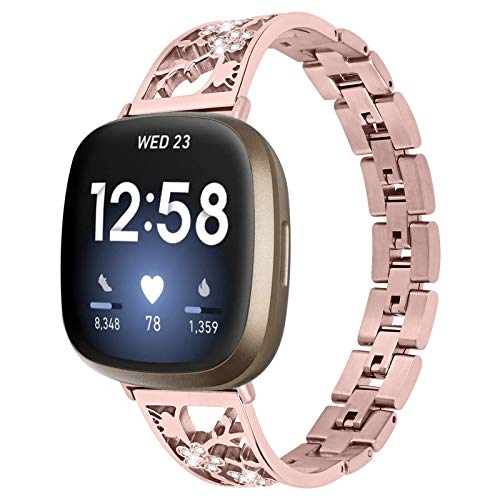 Bands for Fitbit Sense, TechCode Bling Stainless Steel Bracelet Rhinestone Women Wristbands Slim Metal Strap Bangle Easy to Adjust Replacement Accessories for Fitbit Sense/Versa 3 (Rose Gold)
