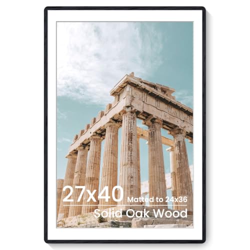 FLYJOE 27x40 Inch Poster Frame | Solid Oak Wood 27 x 40 Picture Frame | Movie Poster Frame 27x40 With Mat For 24x36 | Tempered Glass And Hanging Hardware Included | 27x40 Picture Frame Wood | Black