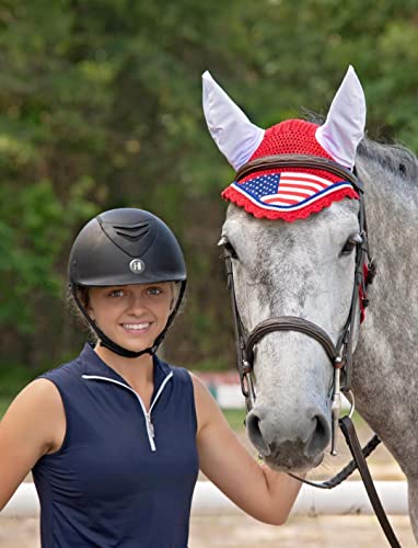 Full/Cob/Pony USA American Flag Horse Fly Bonnet Ear Net Fly Veil Mask Hood (Pony)