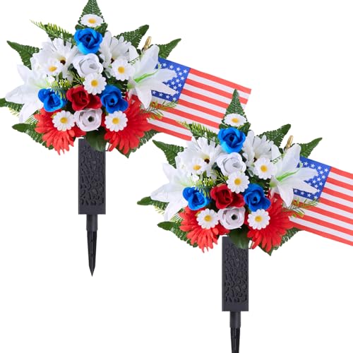 Worthyeah Memorial Day Flowers for Cemetery 12-Head Flowers Classic Artificial Patriotic Cemetery Flowers for Grave Grave Decorations for Cemetery Red White Blue Roses with American Flags