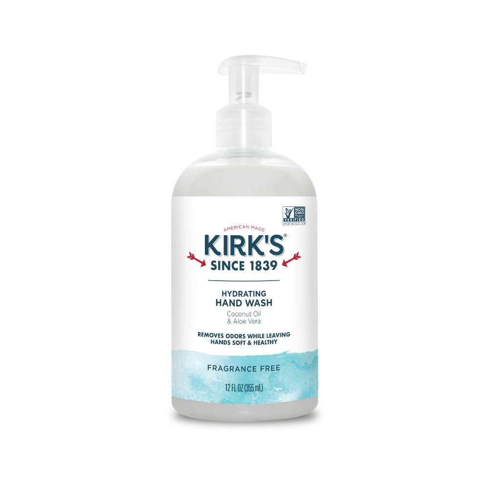 Kirk's Hydrating Hand Wash - Made with Coconut Oil and Aloe Vera, With Odor Neutralizing Technology To Help Eliminate Odors, Non-GMO, Vegan, Fragrance Free, 12 Fl Oz.