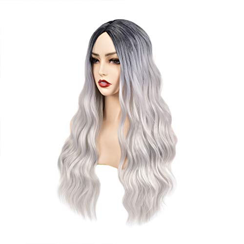 Long Wigs for White Women, Upgrade Full Machine Made Middle Part, Long Black Wig, 24 Inches Ombre Silver Wavy Black Wigs for Women