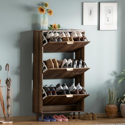 Image of Shoe Cabinet Storage,Modern Freestanding Organizer with 3 Flip Drawers,Narrow Shoe Rack Cabinet for Entryway,Walnut