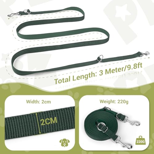 Hundeleine für Kleine & Mittelgroße Hunde bis 30 kg, 3 m Verstellbare Schleppleine Doppelleine, Verdickte Freihandleine Übungsleine Führleine aus Nylon mit 2 Karabiner,Dunkelgrün