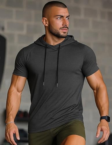 3 Pack: Men's Lightweight Short Sleeve Workout Hoodies, Athletic Dry Fit Hooded T Shirts for Gym Running3