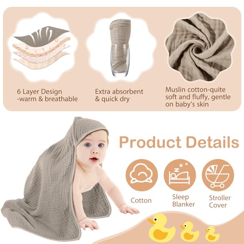 Image of Peryiter 6 Pcs Muslin Hooded Baby Towels, 32 inchx 32 inch Cotton Newborn Bath Towel Muslin Infant Baby Blankets Absorbent Unisex Newborn Registry Gift Essentials for Girls Boys (Brown and Pink Series)