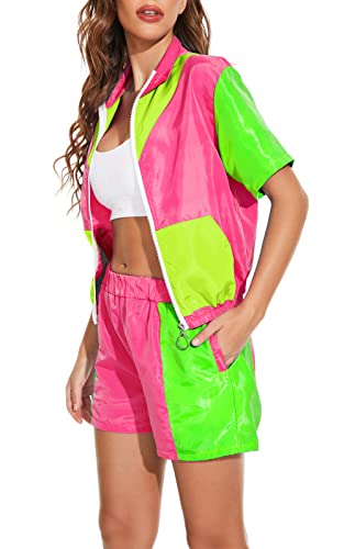 Yisfri Women's Color Block Windbreaker 2 Piece Outfits Short Sleeve Zip Front Elastic Waist Tracksuit Set2