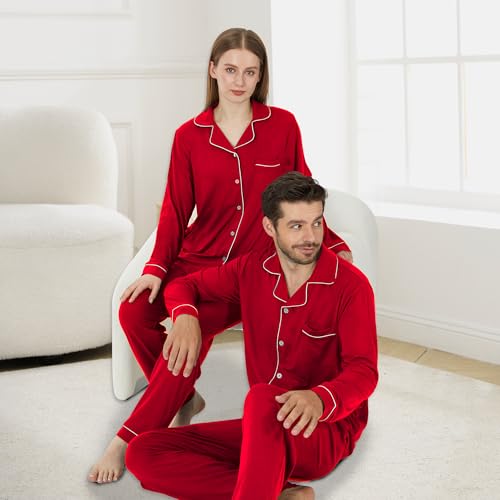 Matching Pajamas for Couples, Button Up Pjs Set for Men and Women Soft Warm Loungewear(Red Men, Small)4