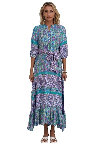 Image of Women Boho High-Waist Floral Print Maxi Dress 3 /4 Sleeve Casual | Soft Rayon, Breathable, Quick-Dry. High-Waist with Adjustable Belt, Flattering Hem. Ideal for Beach, Work & Dating.