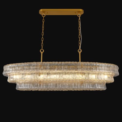 ZHTIECHUI L54 Rectangular Chandelier for Dining Room, 8-Light Modern Brass Rectangle Chandeliers, Large Tiered Clear Glass Golden Chandeliers for Long Kitchen Table, Living Room, Foyer