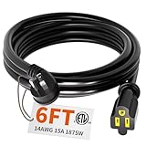 HUANCHAIN 14 Gauge 6 Feet Flat Plug Extension Cord Black Indoor Outdoor, Heavy Duty 3 Prong Grounded Low Profile Extension Wire Flexible, 15A 1875W 125V 14AWG SJTW, ETL Listed