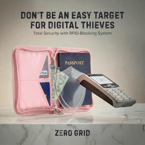 Image of Zero Grid RFID Family Passport Holder for up to 6 Passports, Large Zippered Wallet for Men & Women, Fits Cards, Cash, ID, Sim Card; Premium & Compact Travel Document Holder - Rose Pink