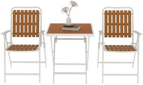 Aug-guan 3 Piece Outdoor Bistro Set with Yellow Wood-Look Tabletop, Patio Table and Chairs Set of 2, Folding Small Balcony Furniture for Garden, Deck, Porch, Outdoor Bistro Patio Set