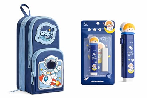 Image of Space Travel Pencil Case with Eraser, Large Capacity Pouch | Space-themed pencil case with retractable eraser, multiple compartments and spacious storage for school supplies.