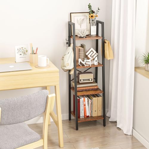 Miniatura 4 de Ymyny 125cm Librería, Estantería De Escalera Con 4 Ganchos, Estantería De 4 Niveles, Para Salón Dormitorio Cocina Oficina En Casa, Estilo Industrial, Marco De Metálica, Marrón Rústico Hbc024h