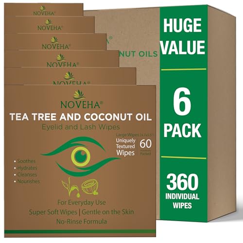 Image of NOVEHA 360PCs Tea Tree & Coconut Oil Eyelid & Lash Wipes | For Demodex, Blepharitis & Itchy Eyes, Box Of 60 Individually Wrapped Eyelash Wipes With Aloe Vera, Natural Makeup Remover