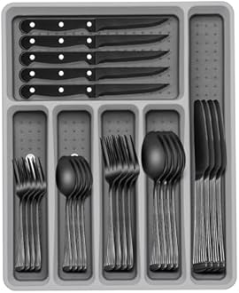 49-Piece Black Silverware Set with Organizer, Food-Grade Stainless Steel Black Flatware for 8, Cutlery Utensil Sets with Steak Knives, Rust-proof, Mirror Polished, Dishwasher Safe, Roman Column