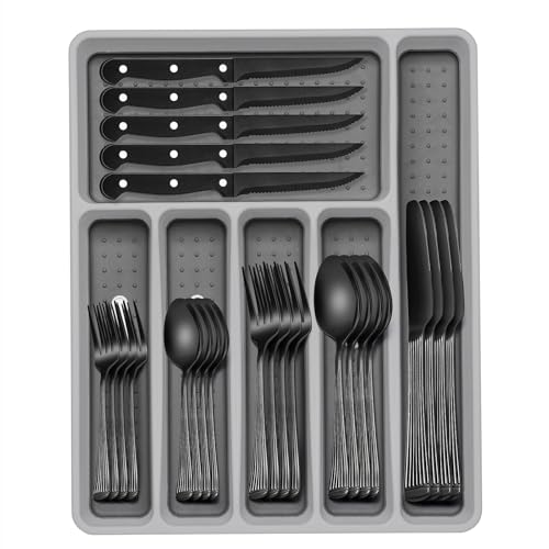 49-Piece Black Silverware Set with Organizer, Food-Grade Stainless Steel Black Flatware for 8, Cutlery Utensil Sets with Steak Knives, Rust-proof, Mirror Polished, Dishwasher Safe, Roman Column