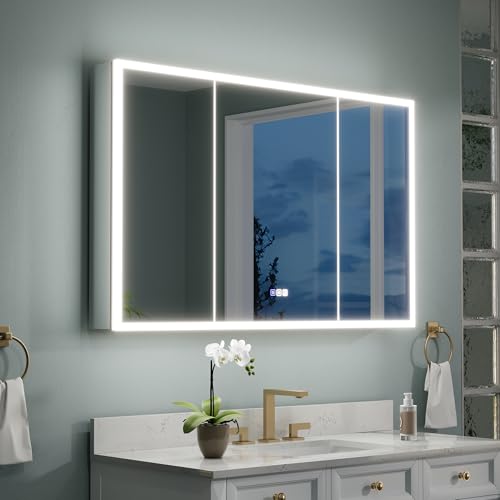 WELLFOR 48' X 30' LED Medicine Cabinet with Mirror, 3X Magnifiying Mirror Cabinet,...