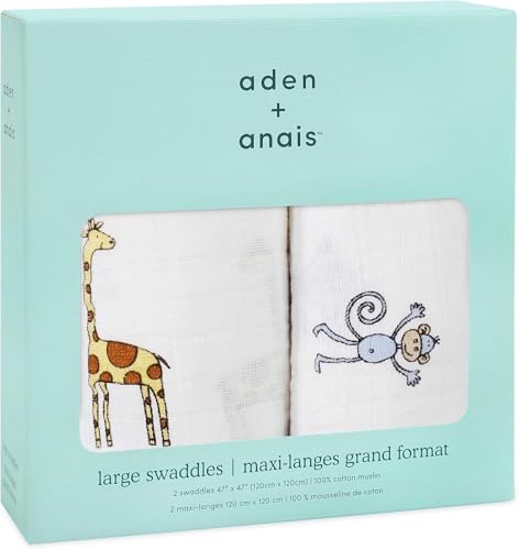 Image of aden + anais Swaddle Blanket, Boutique Muslin Blankets for Girls & Boys, Baby Receiving Swaddles, Ideal Newborn & Infant Swaddling Set, Perfect Shower Gifts, 2 Pack, Jungle Jam