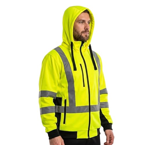 NEO TOOLS Herren Sicherheitsjacke mit reflektierenden Streifen, Warnschutzjacke mit Kapuze, Stehkragen, Innenfutter Fleece, Pulli Berufsjacke Warnjacke Langarm, neon gelb, Gr.XXL