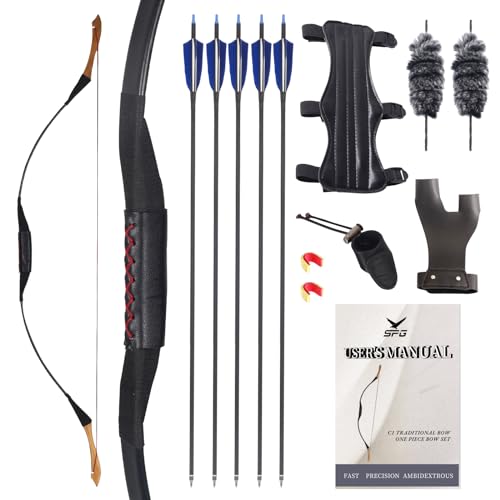 SPG 40lbs One Piece Traditional Bow - 53' Handmade Wooden Bow Fast Precision Shooting Traditional Recurve Bow and Arrow Set for Adult & Archers Right Left Hand Archery Horse Long Bow (40lbs)