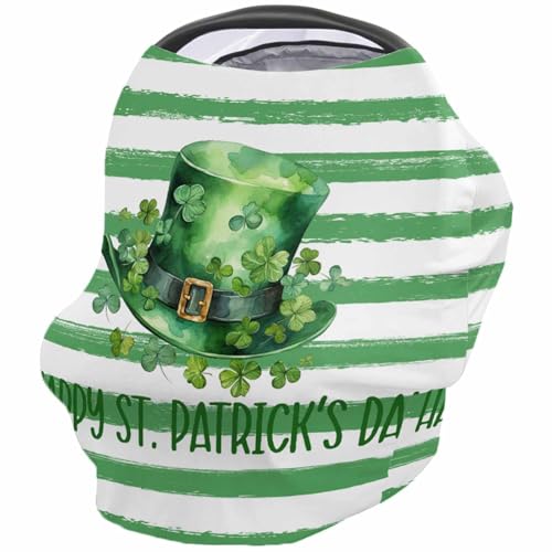 Nursing Cover for Breastfeeding Scarf, St. Patrick's Day Green White Stripe Magic Hat Baby Car Covers Super Soft Multi Use for Canopy Shopping Cart Cover Blanket Stroller Cover