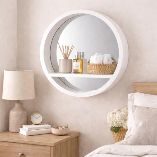 HomeZone® - Estantería de Madera Redonda de Color Blanco Flotante para Pared, Estante de Ojo de Buey con Espejo de Pared, para Interiores