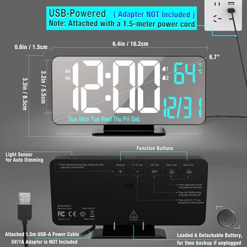 Image of KOSUMOSU Digital Alarm Clock 6.7in Black Clock for Bedroom, Dual Alarm, Date, Seconds,Day of Week,12 /24h,Dimming, Temp, Desk Clock, LED Clock for Living Room, Calendar Digital Clock