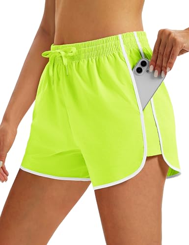 MAGOCOMSEN Womens Running Athletic Shorts with Pockets 3.5 Quick Dry Lightweight Workout Gym Shorts Sport Neon Green M