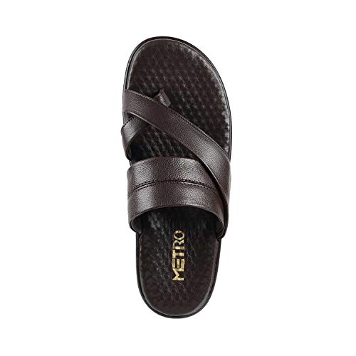 Image of Metro Men Genuine Leather Cross Strap Slippers /Flip Flops (Dark Brown, UK 7 /EU 41)