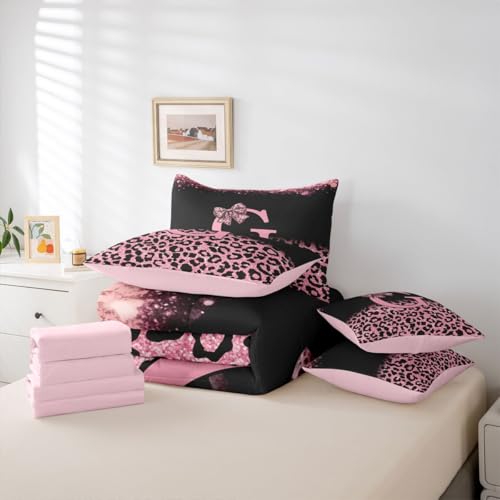 Image of Feelyou Bow Initial Letter G Comforter Set Twin Size 7 Pieces Glitter Leopard Print Bedding Set Kids Boys Girls Girly Bow Bed in a Bag with Comforter, Sheets, Pillowcases, Cushion Covers Bedroom Decor