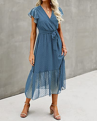 Image of BTFBM Women Summer Bohemian Floral Casual Wrap V Neck Ruffle Cap Sleeveless Belt A-Line Pleated Hem Midi Sun Dress White