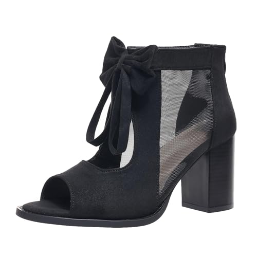 Womens Chunky High Heel Sandals Ankle Strap Open Toe Dress Shoes Cut Out Mesh Bows Strappy Sandals High Block Heels Peep Toe Summer Ankle Boots Fish Mouth Fashion Breathable Dressy Booties Shoes