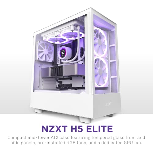 Image of NZXT H5 Elite NZXT Gamer Enclosure, Elite Edition, ATX Compact Mid Tower, ATX, Glass Front, White, CC-H51EW-01.