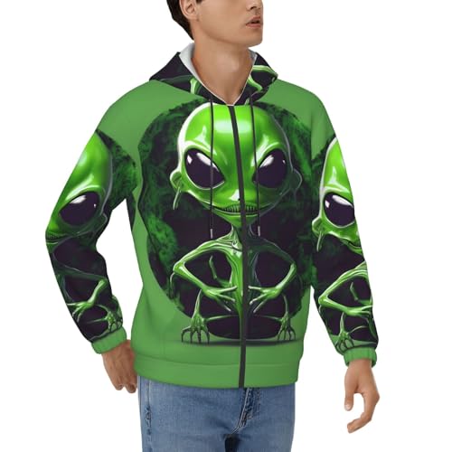 Sweat à capuche avec poches et cordon zippé imprimé alien vert