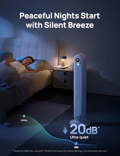 Image of DREO Tower Fan for Bedroom, 28 ft /s, 20dB Quiet Oscillating Bladeless Fan with Remote, 9 Speeds, 4 Modes, 12H Timer, LED Display, Standing Floor Fan Powerful for Indoor Home Office Room, 42 Inch