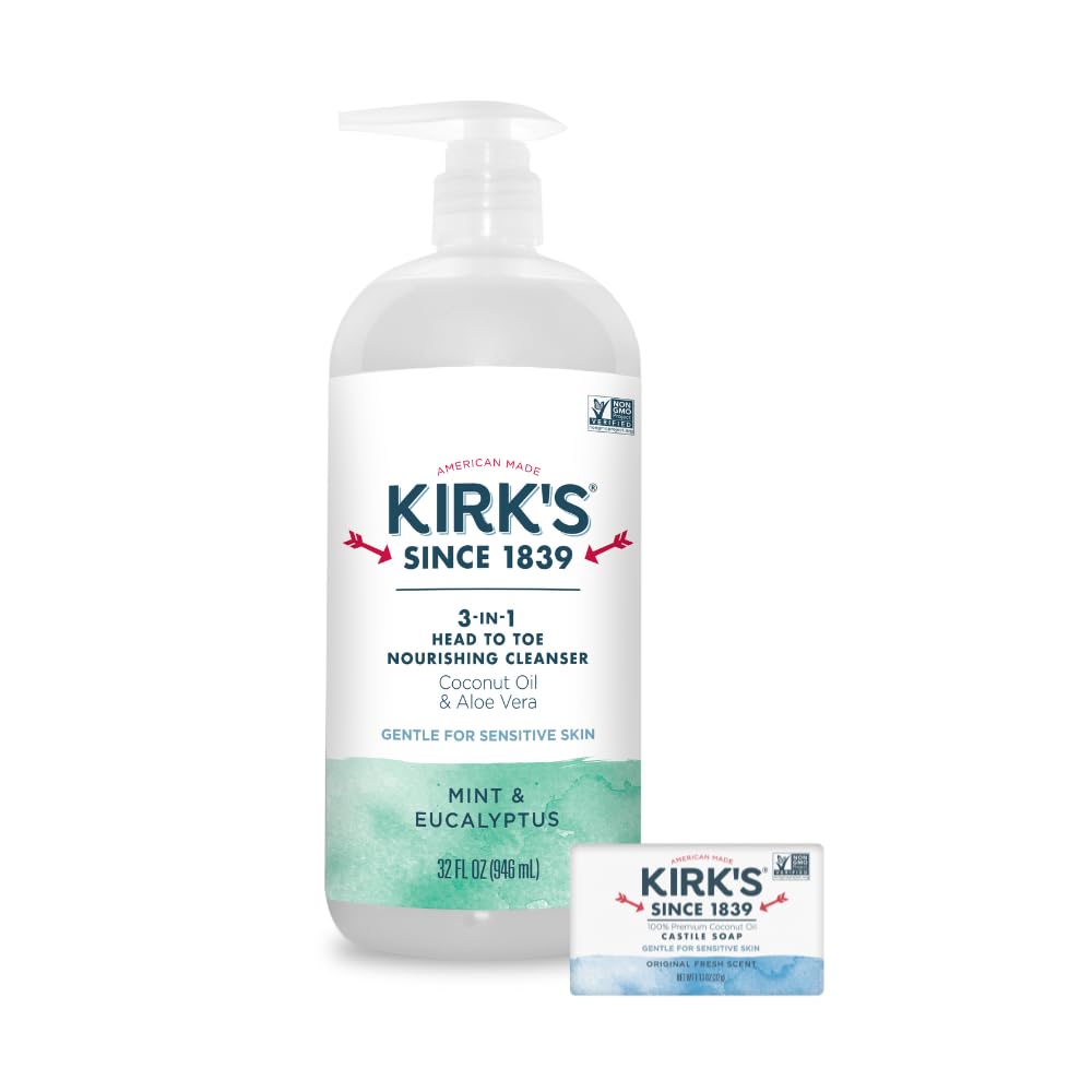Kirk's3-in-1 Head to Toe Nourishing Liquid Cleanser & Travel Size Bar Soap - for Men, Women & Children - Premium Coconut Oil & Aloe Vera- Non GMO & Vegan -Mint & Eucalyptus - 32 Fl Oz