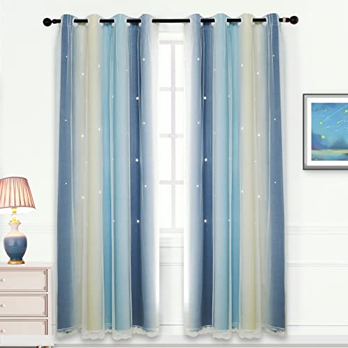 Hughapy Girls Bedroom Curtains - Blue Princess Star Curtains for Daughter's Room