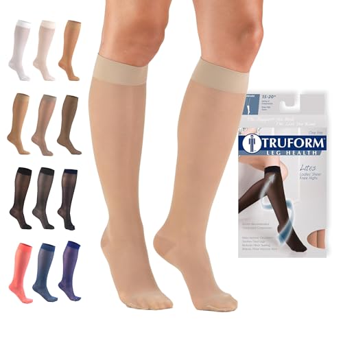 Truform Sheer Compression Stockings, 15-20 mmHg, Women's Knee High Length, 20 Denier, Nude, Medium