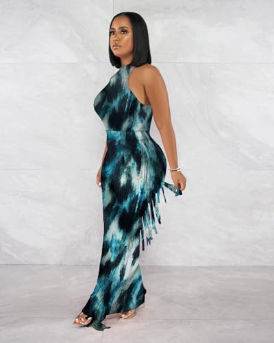 Image of 2 Piece Outfits for Women Sexy Halter Neck Sleeveless Crop Tops Ruched Bodycon Dresses Jumpsuits Fringe Skirt Sets