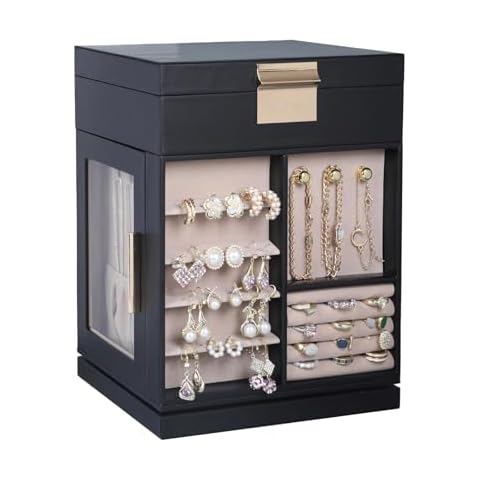 STYLIFING Large Jewelry Box 360°Rotating, Jewelry Organizer Box with 4 Drawers, Jewelry Boxes for Women, Jewelry Organizers and Storage with Glass Window for Necklace, Earrings, Rings Storage, Black Cover