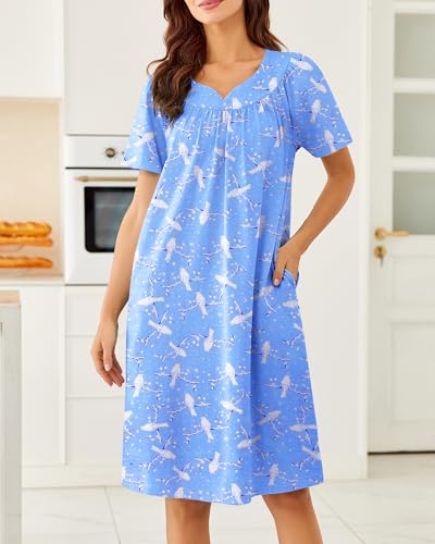 Image of Ekouaer Moo Moos for Women House Dress With Pockets Cotton Nightgowns Short Sleeve Night gowns Embroidered Mumu Dress